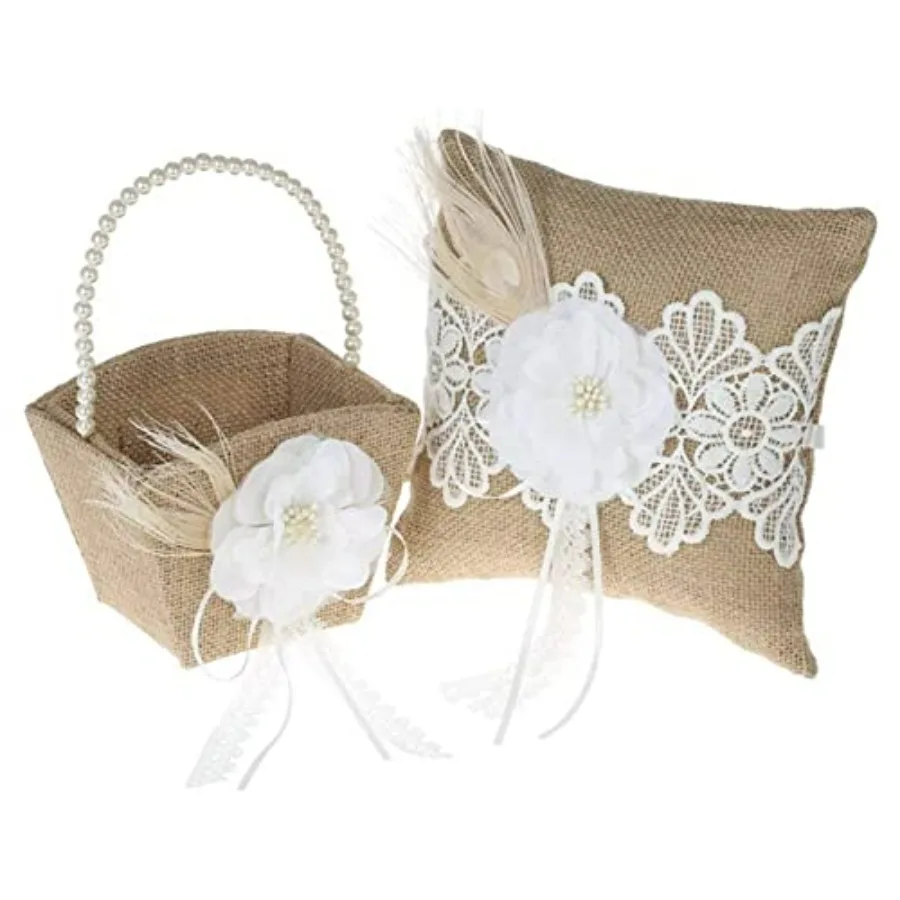 

Rustic Burlap Flower Girl Basket, Vintage Wedding Jute with Pearl Double Love Heart For Vintage Wedding Ceremony Party Decorati