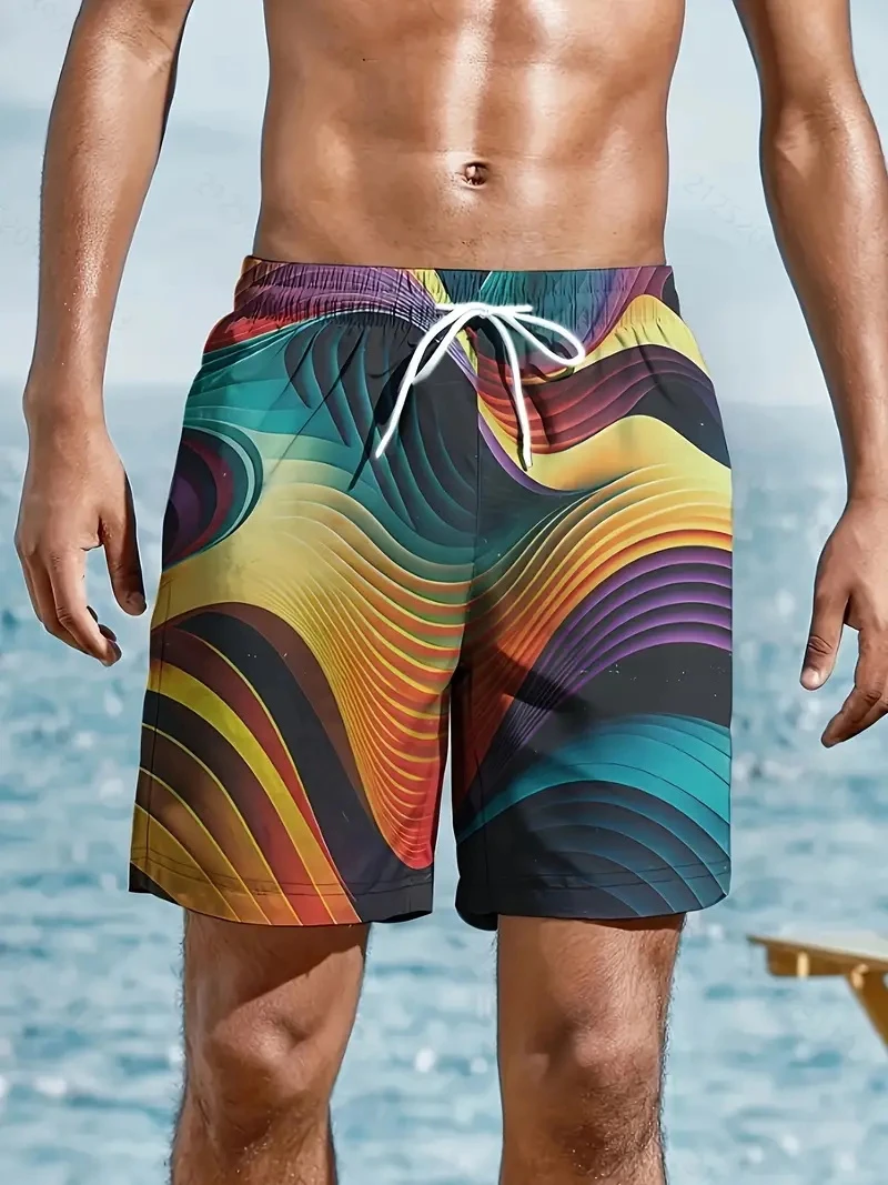 Colorful Geometric Pattern Print Men's Beach Shorts Quick Dry  Breathable Swimming Shorts Casual Trendy Men Sport Short Pants