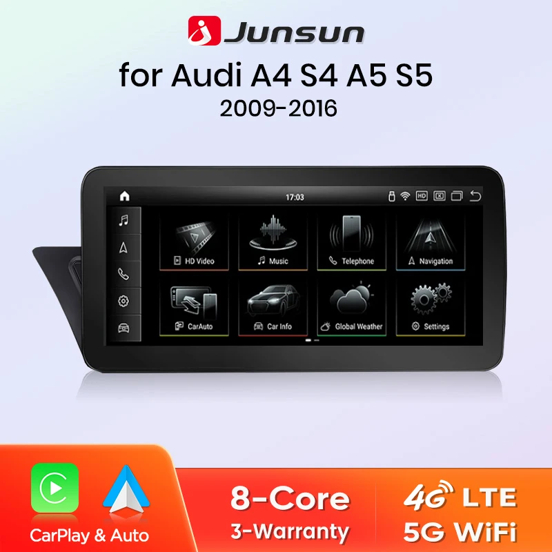 Junsun Qualcomm 665 Drahtloses CarPlay Android Auto-Autoradio für Audi A4 A5 C5 2009–2016 Intelligentes System Stereo-GPS-Navigation