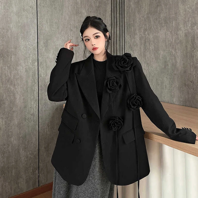 

Black Three-dimensional Flower Heavy-duty Suit Jacket 2026 Spring Autumn Niche Design High-end Shoulder-padded Women Blazer