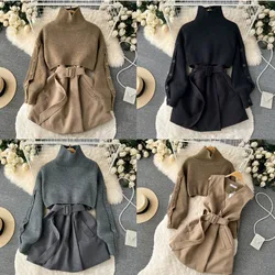 Korean Style High Neck Sweater Set For Women's Autumn Versatile Slim Fit Short Top Set Casual Temperament V Neck Vest Dress Set