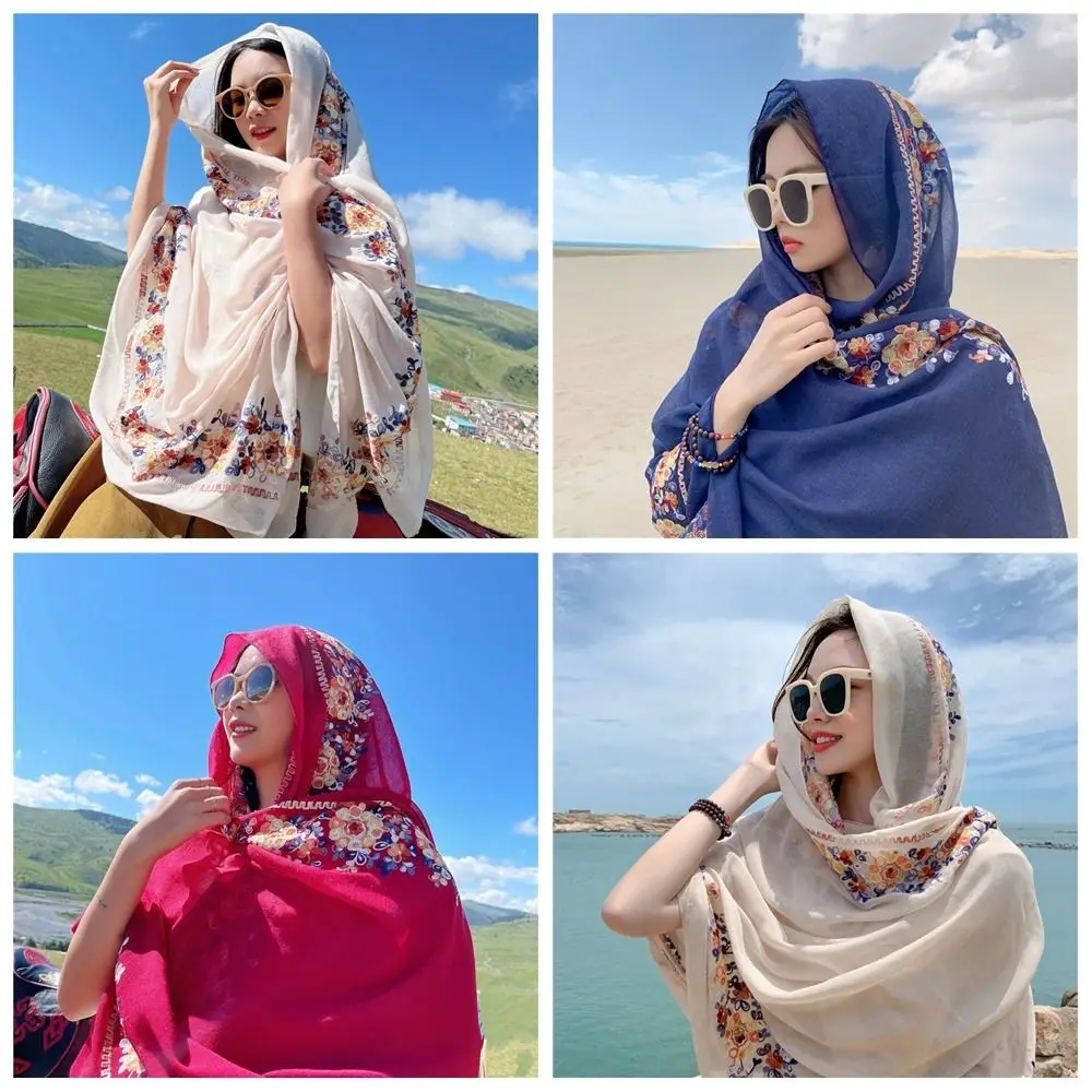 

Simple Printing Shawl Ethnic Style Scarf Bohemia Neck Wrap Large Shawl Neck Wraps Tassel Embroidery Flower Scarf Women