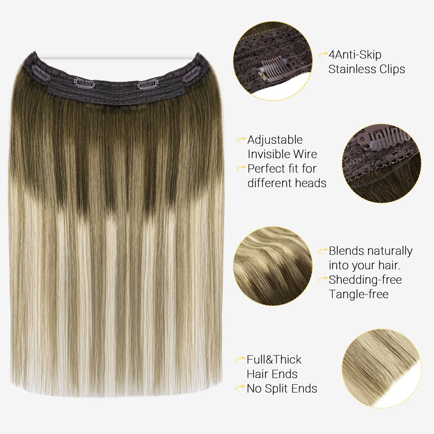 Sunmofavo Fish Line Hair Extension Ombre Wire Human Hair Extension Natural Remy Balayage Straight Hairpiece Blonde For Women - view 3