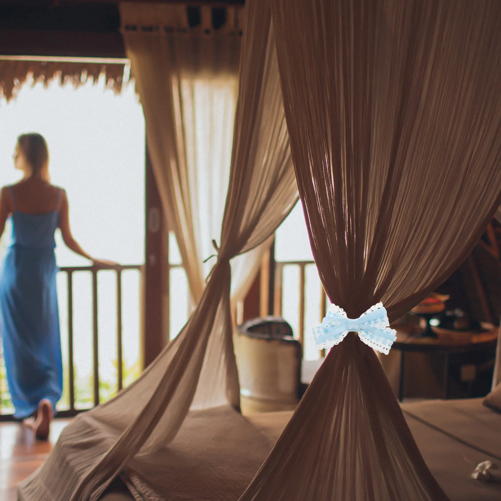 

2pcs Bow Curtain Tiebacks Lace Edge Elastic Band Buckle Double Bow Decorative Rope Holdbacks For Bedroom Window Home