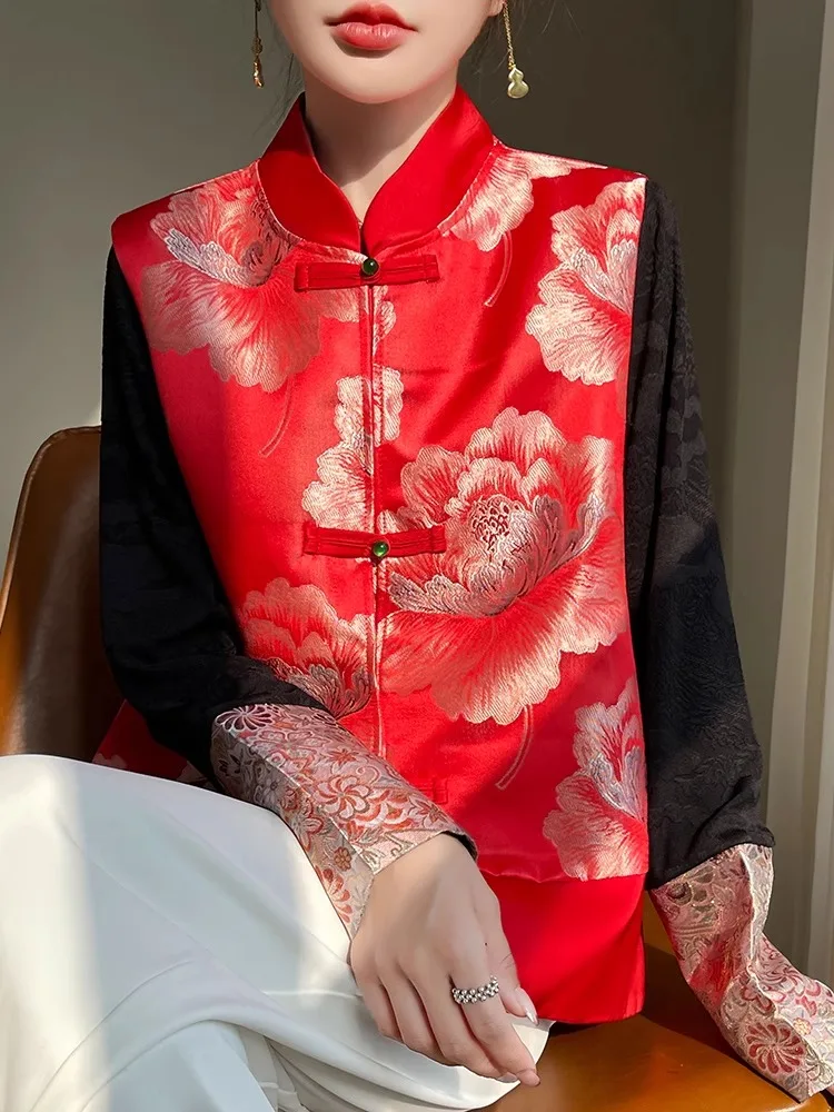 

Шелковистый атласный джет с вышивкой, женский костюм больших размеров в китайском стиле на пуговицах, ретро костюм Тан, модный жилет для поездок на работу