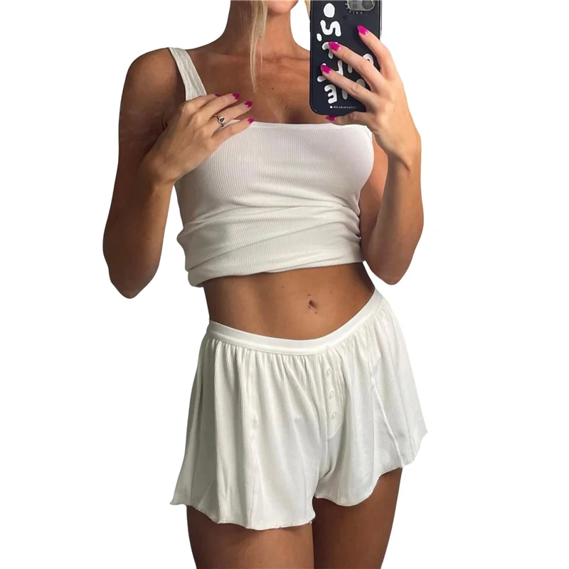 Conjunto feminino de verão para salão, regata curta de malha canelada e conjuntos curtos com bolso, roupas de férias