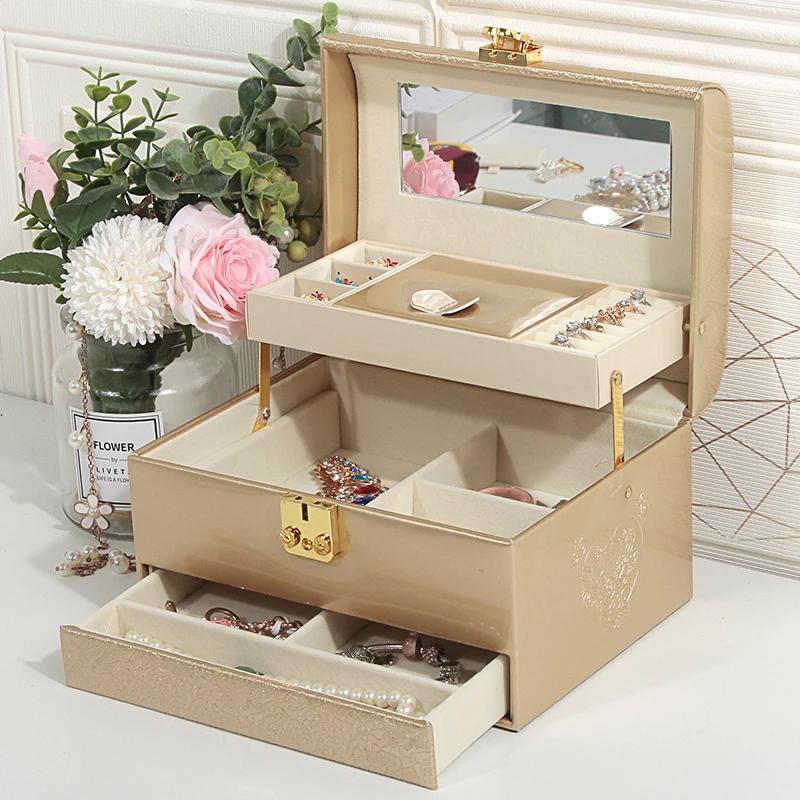 3-Layer Jewelry Storage Box with Lock for Women Watch Organizer Case with Mirror And Key