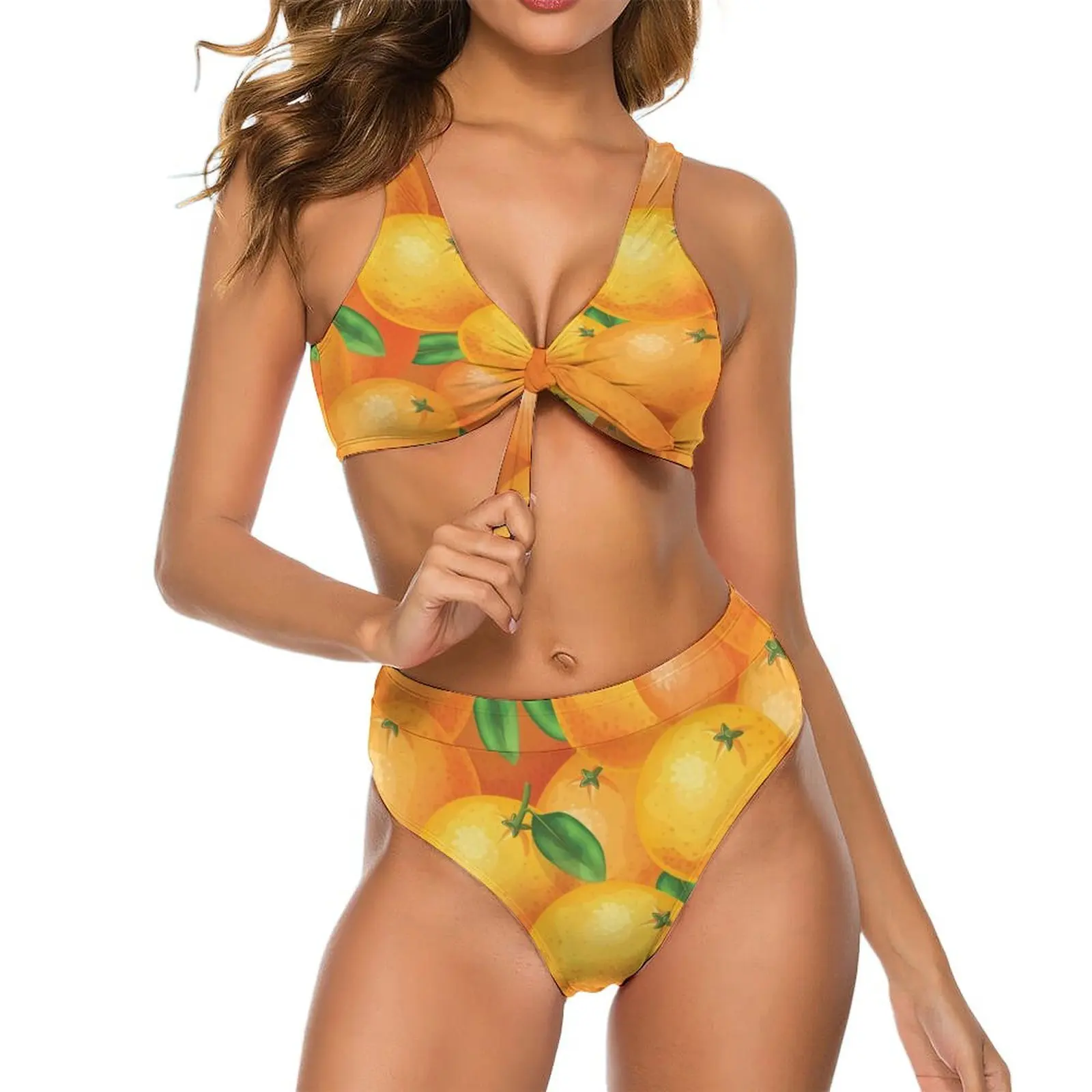 

Fresh Oranges Bikini Swimsuit Sexy Green Leaves Print High Waist Bikinis Set Ladies Fantasy Swimwear Push Up Feminine Bikinis