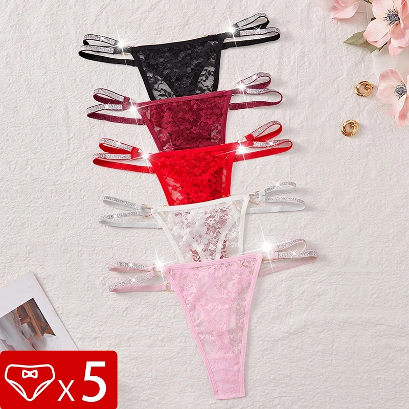 5pcs Low Rise Sext Lace Women G-string Sexy Lingerie Elegant Femlae Underwear Shiny Charming Ladies Thongs Breathable Panties