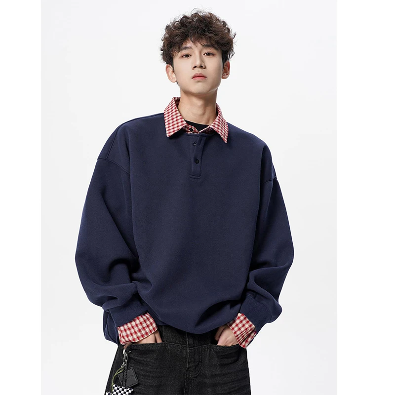 Vintage Spliced Plaid Men Long Sleeve Polo Sweatshirt Fall Winter Teenager Loose Preppy Style Fashion Simple Fake Two Piece Tops