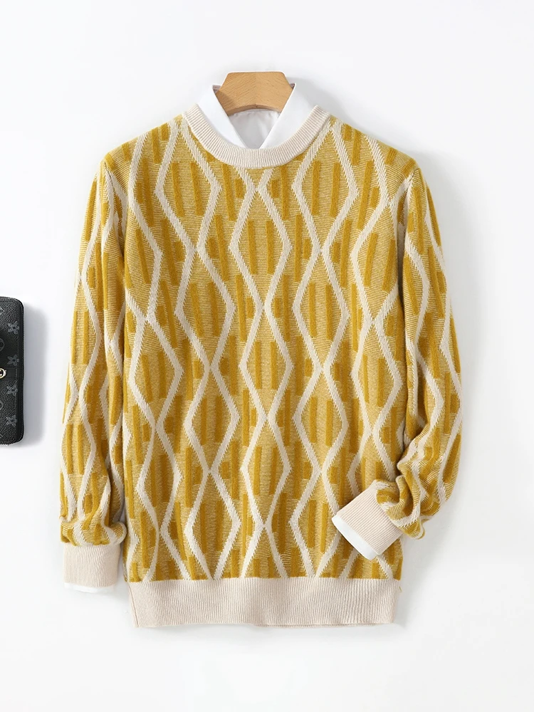 New 100% Merino Wool Pullover For Men O-neck Knit Sweater Diamond patterned Long Sleeves Cashmere Autumn Winter Leisure Clothing