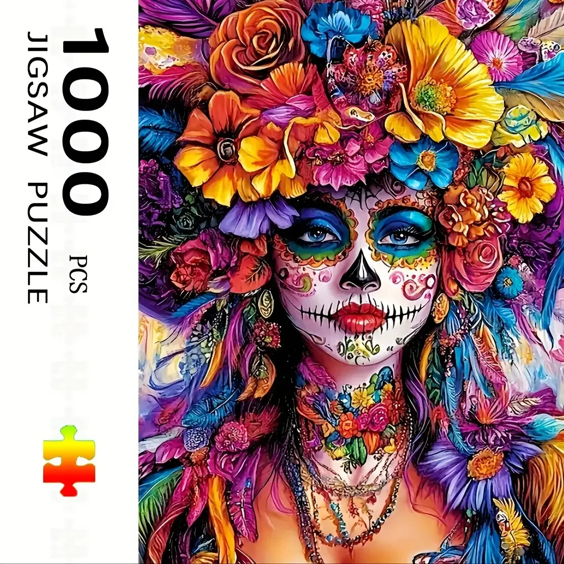 1000pcs Mexican Folk Art Puzzle - Large Puzzle for Adults & Families with Calavera Skull Woman ( Catrina), Multicolor Flower M