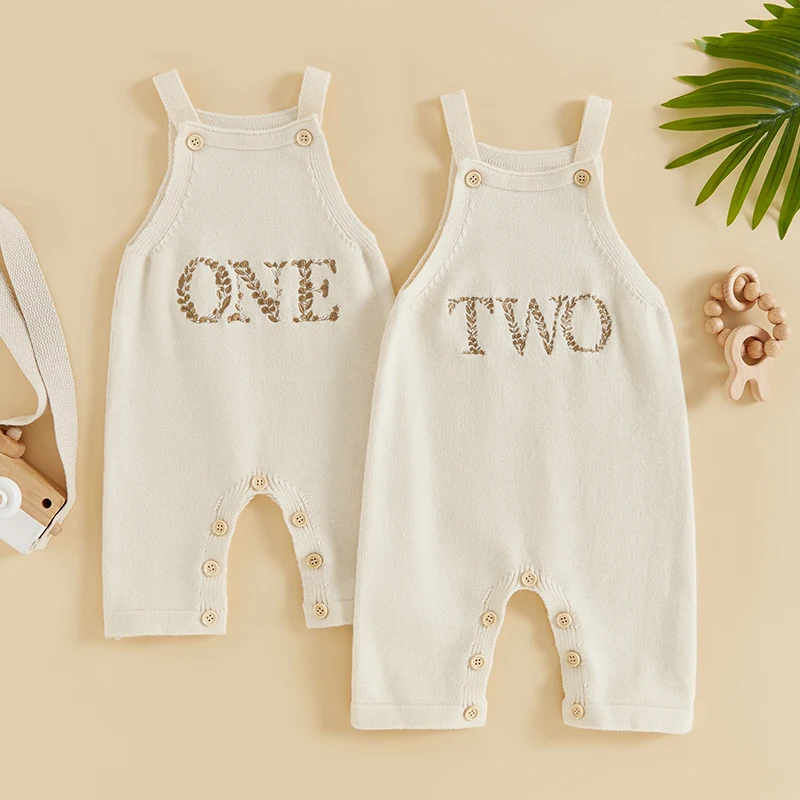 2024-05-06 Lioraitiin Baby Suspender Pants, Embroidery Letters Knit Pants Birthday Romper for Girls Boys