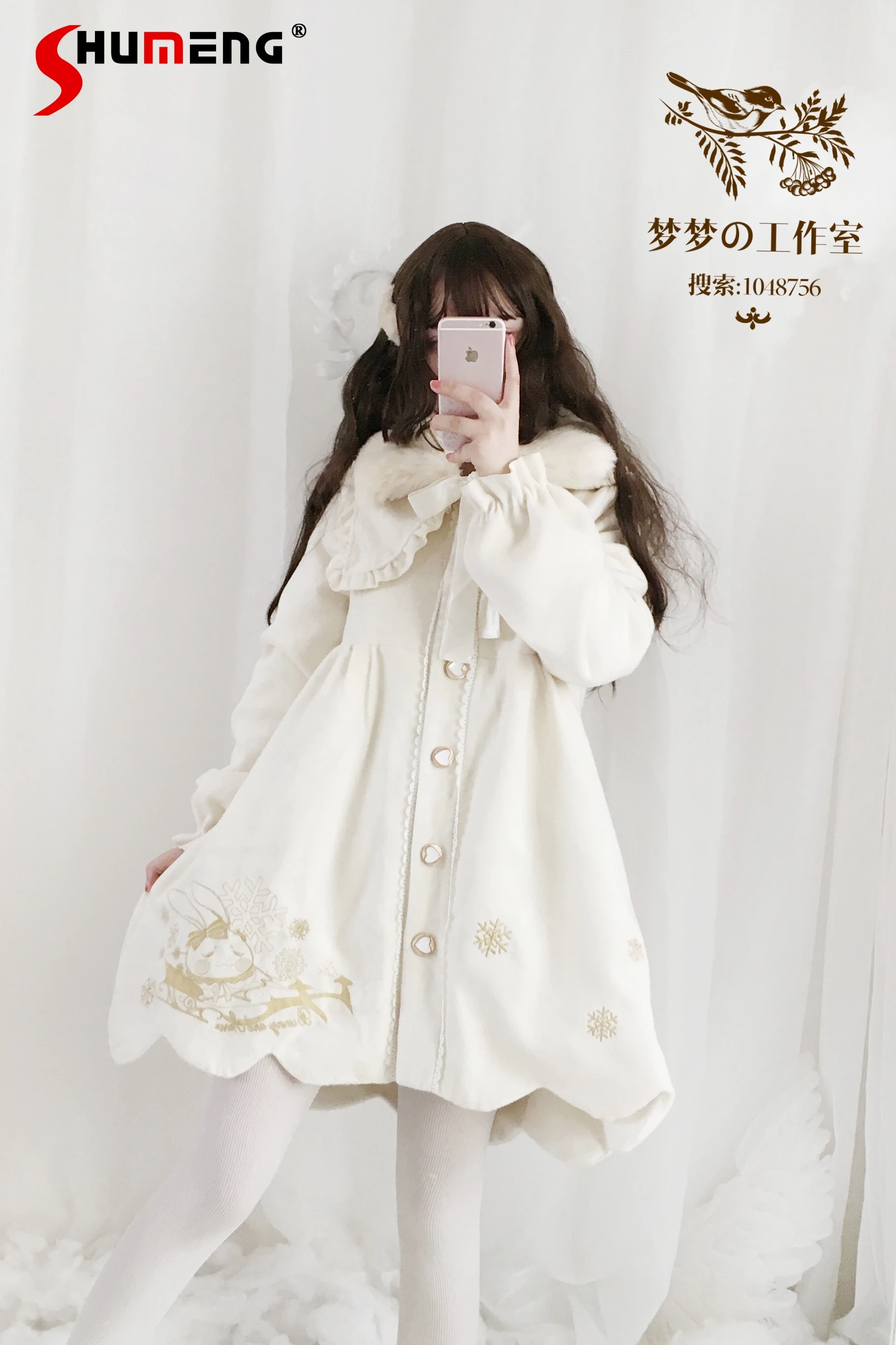 Japanese Sweet Autumn Jackets for Women with Fur Collar Winter Clothes Lolita Embroidered Cloak Woolen Thickened Coat Female