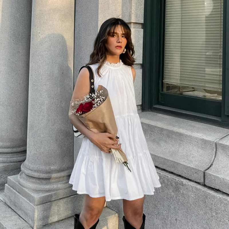 

Spring and Summer Versatile White Elegant Dress Round Neck Sexy Bow Tie Elegant Loose Short Dress Women's Clothing