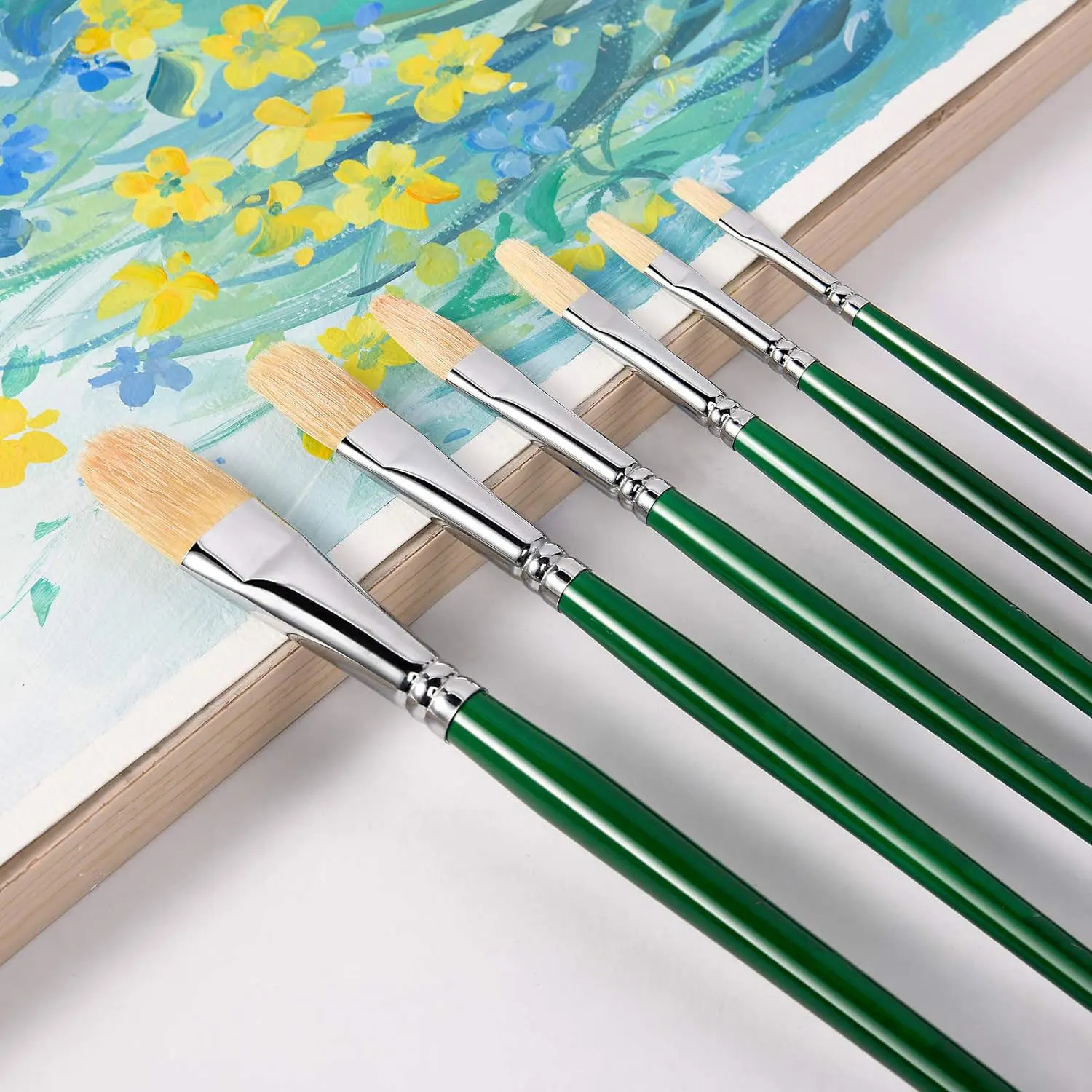 Yutiars 6pcs Professional Hog Bristle Filbert Oil Paint Brushes Set, Long Wooden Handle Natural Hog Bristle Acrylic Paint Brush