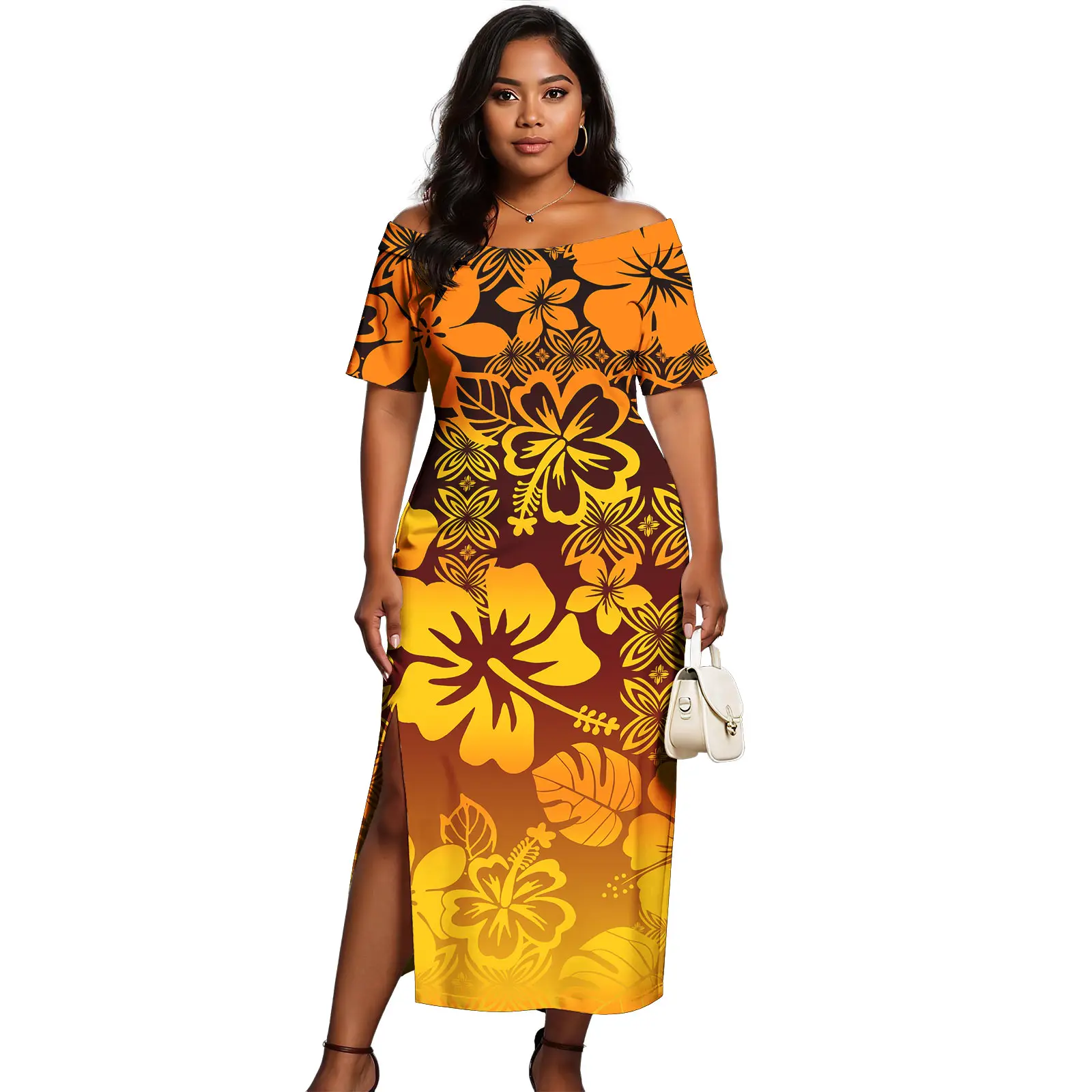 

Elegant Hawaiian Midi Dresses Printing Polynesian Tribal Pattern Women's Sexy Split Cocktail Party Long Formal Dress