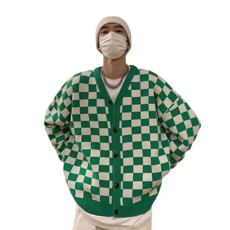 Checkerboard Plaid Sweater Knitted Sweater Boys Cardigan New Spring Autumn V-neck Trend College Coats Green Streetwear HomeWear