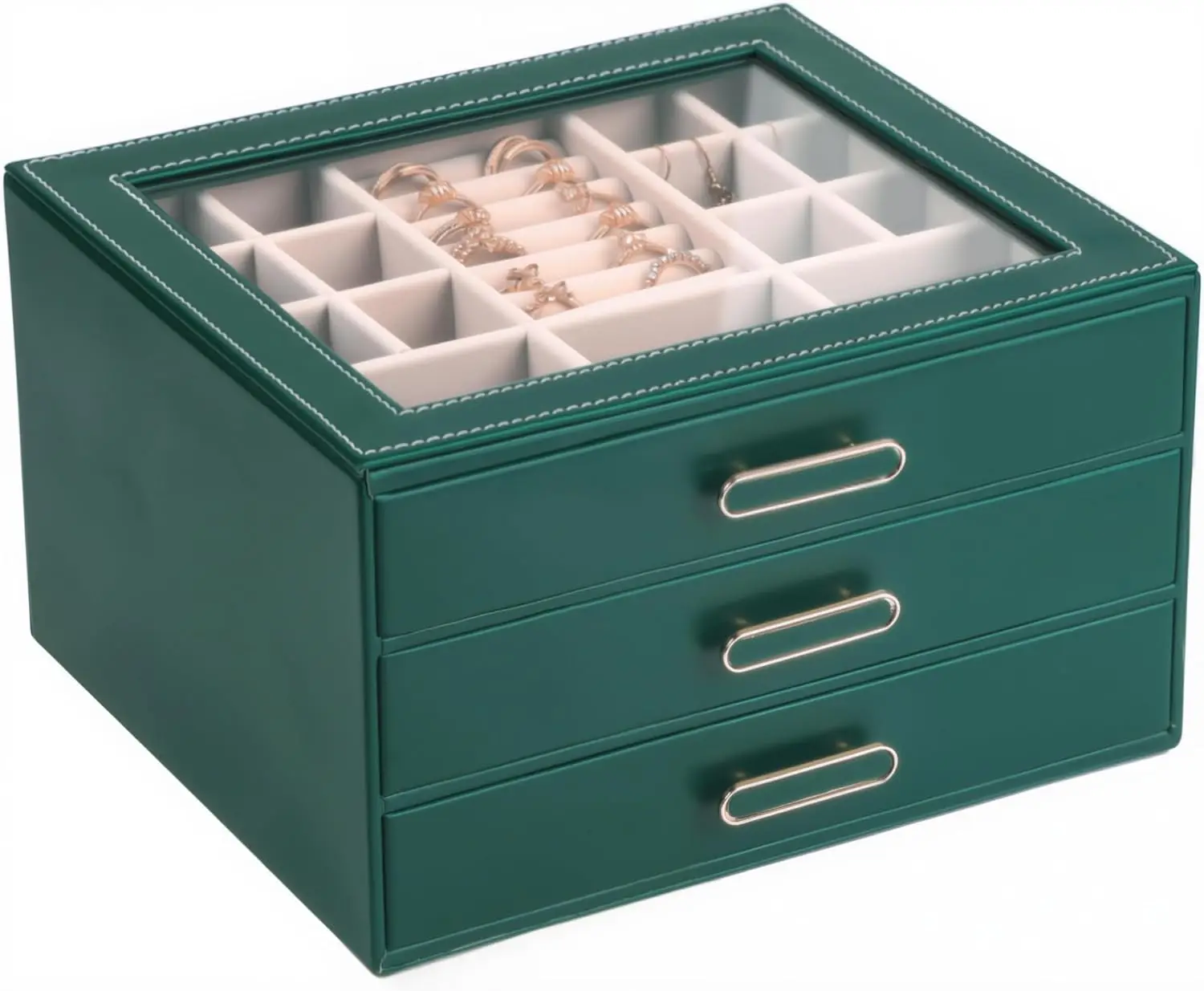 

3 Layer Jewelry Organizer Box with Glass Lids & 3 Drawers - Elegant Storage Solution for Necklaces, Rings, Earrings