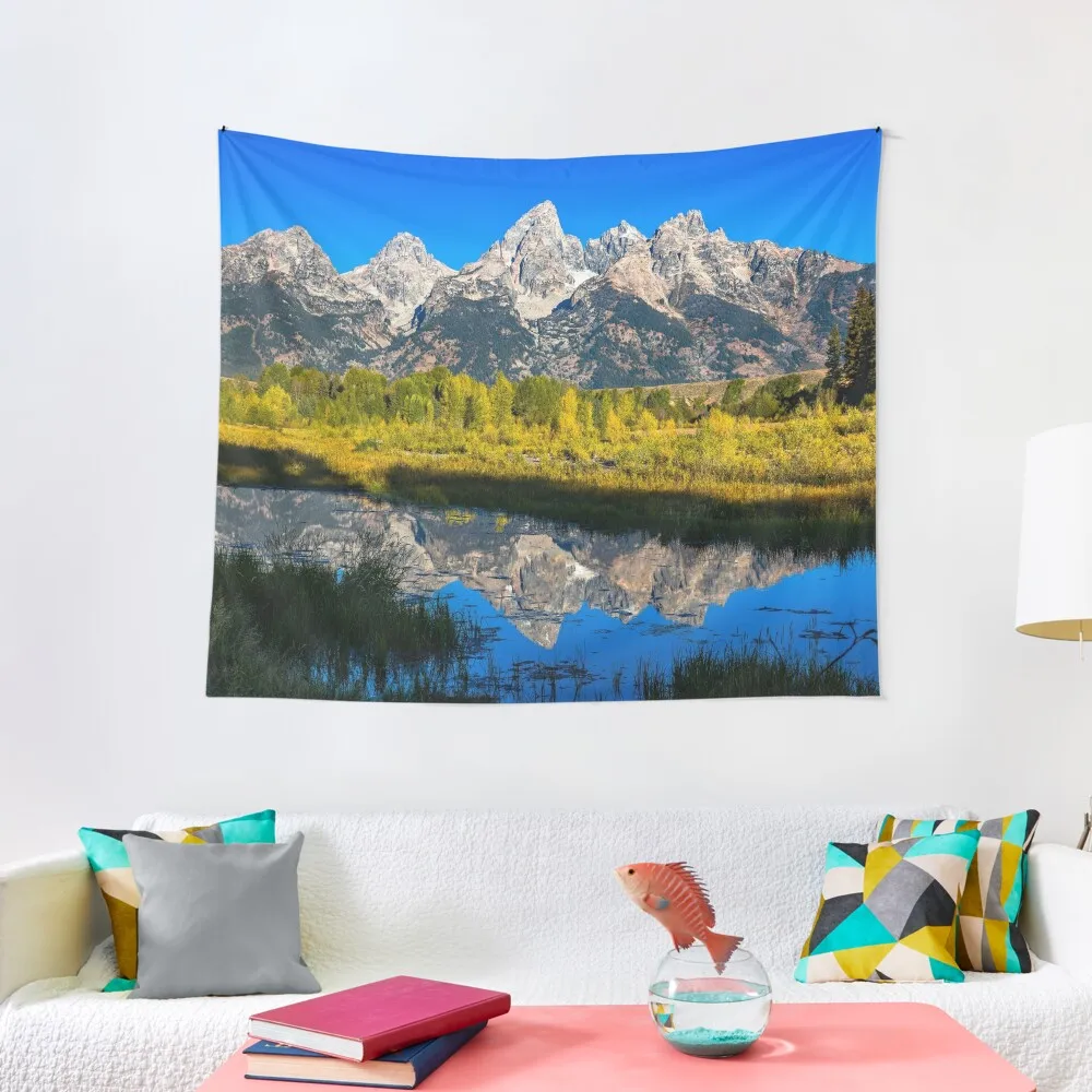 Grand Teton - Reflection at Schwabacher Landing in Western Wyoming Tapestry Room Aesthetic Decor Wall Hanging Decor Tapestry