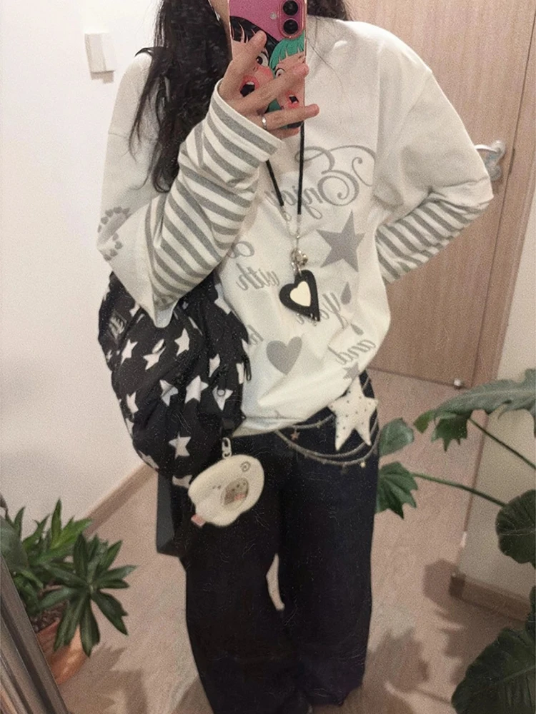 

HOUZHOU Harajuku футболки в японском стиле женские поддельные двухсекционные полосатые футболки винтажные Y2k свободные белые футболки с рисунком уличная одежда