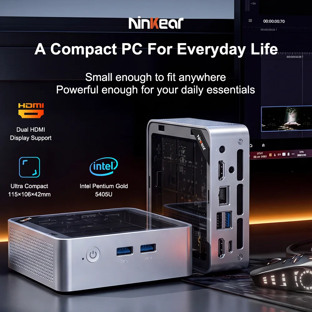 Ninkear M5 Neo Mini Pc, Intel Pentium Gold 5405U, 8GB RAM 256GB SSD, Windows 11, Dual Hdmi, Wifi 5, Bluetooth 5.0, 2Tb Expansion Triple-Screen Display