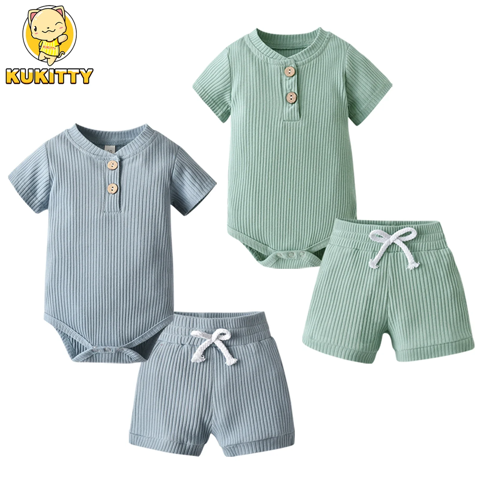 2PCS Summer Newborn infant Baby Boys Short Sleeve Clothes Set Solid Color Romper Bodysuit Top and Shorts Knitted Outfit for Boys