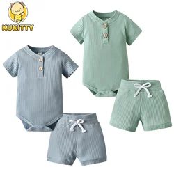 2PCS Summer Newborn infant Baby Boys Short Sleeve Clothes Set Solid Color Romper Bodysuit Top and Shorts Knitted Outfit for Boys