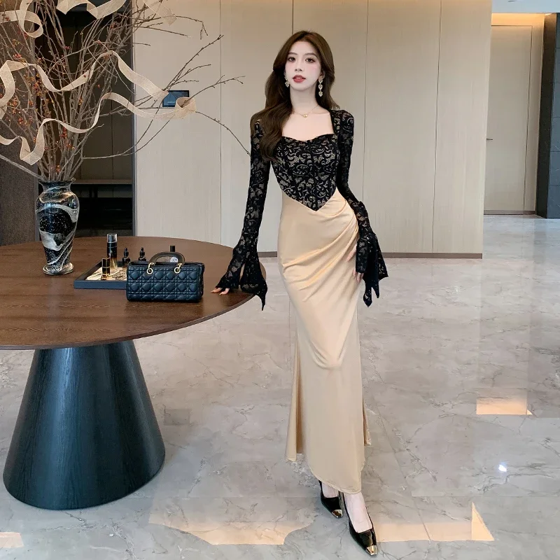 Ofallsis Black High end Light Mature Style Lace Dress 2024 Autumn Winter Long Sleeved Fishtail Temperament Slim Fit Long Dresses