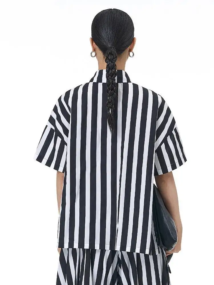 Mulheres preto listrado flor 3d tamanho grande blusa casual nova lapela camisa de manga curta moda maré primavera verão