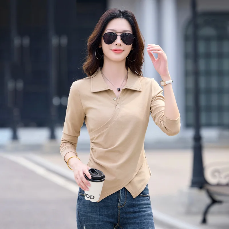 New Spring and Autumn Long-sleeved T-shirt Women Clothing Slim Solid Lapel Irregular Hem Bottoming Pullover Top Women