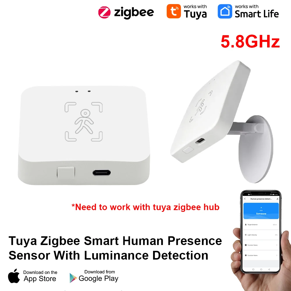 Tuya Zigbee/WiFi Intelligenter Anwesenheitssensor 5,8 GHz mmWave-Radar-Detektion Helligkeits-/Entfernungsmessung Smart Home