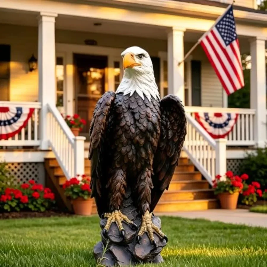 Outdoor garden bald eagle statue, 24-inch resin, hand-painted brown and white, weather-resistant and detailed feather texture