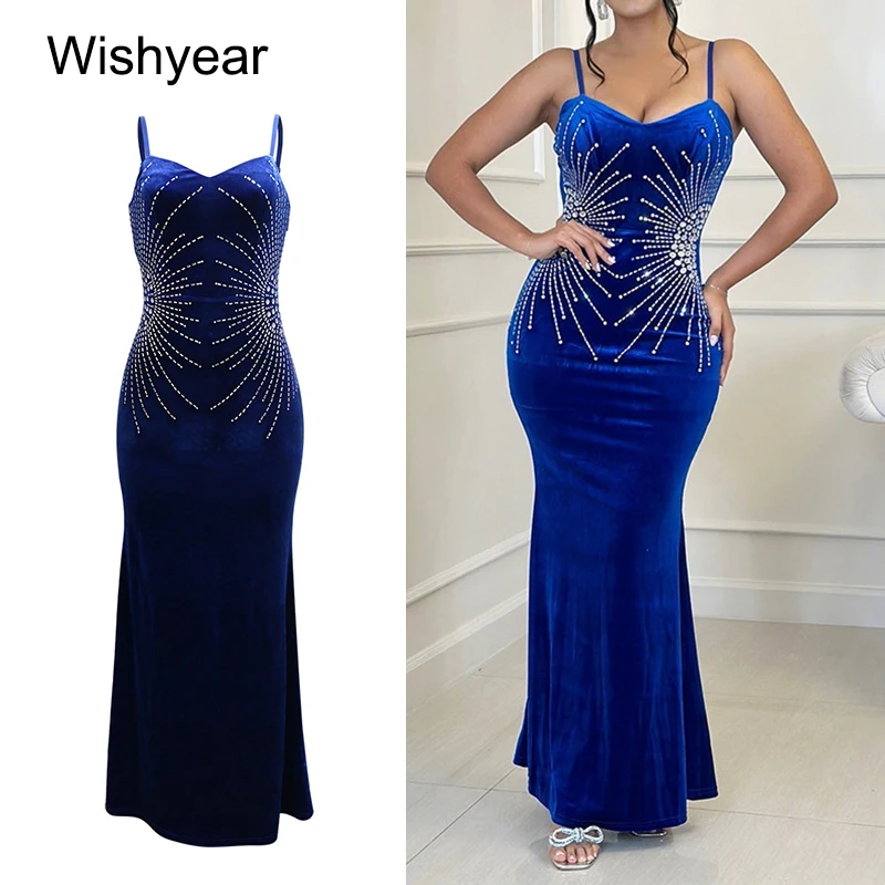 

Новое роскошное синее платье русалки для женщин на тонких бретельках с бриллиантами, облегающее свадебное платье без рукавов, платье для дня рождения