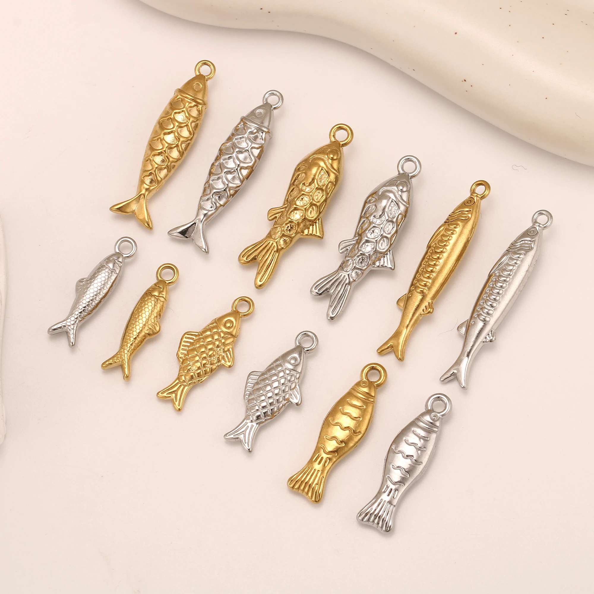 3Pcs Marine Life Animal Sea Fish Charm Stainless Steel Good Luck 3D Fish Shaped Pendant for Necklace Bracelet DIY Jewelry Making