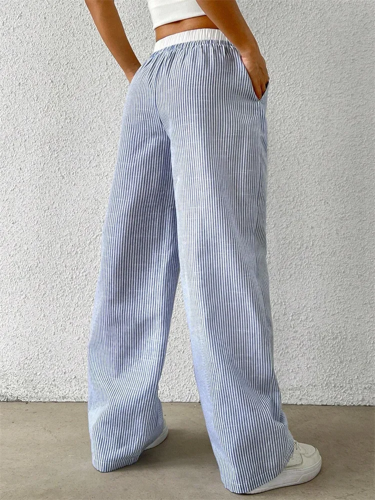 

2025 Women's Casual Striped Woven Wide Leg Pants Fall Winter Casual Stylish Full Length Trousers Y2K Clothes Streetwear