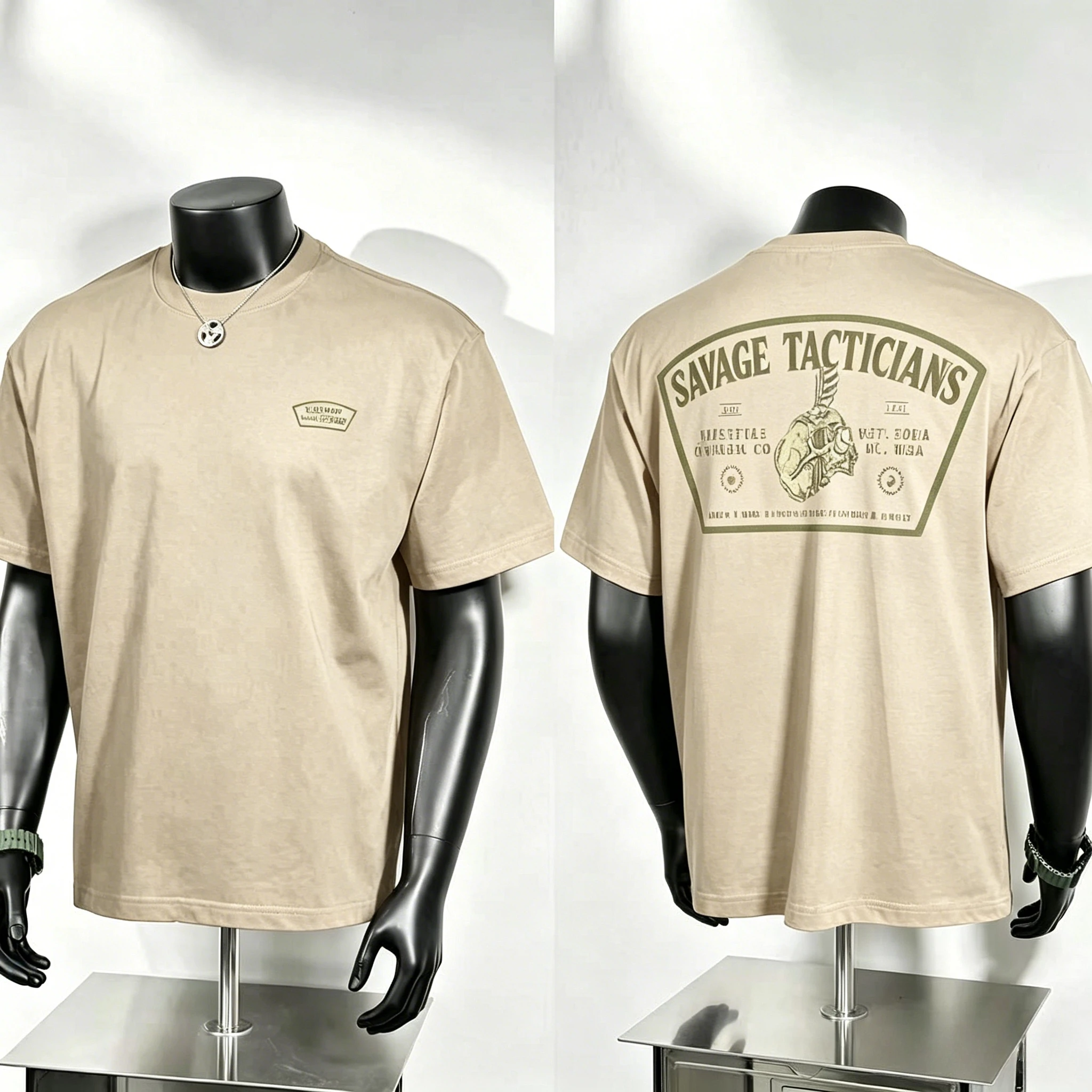 Savage Tacticians Graphic T Shirt, Olive Green Badge Chest Logo and Large Arch Frame Skull Helmet Back Print, Retro Military Tee