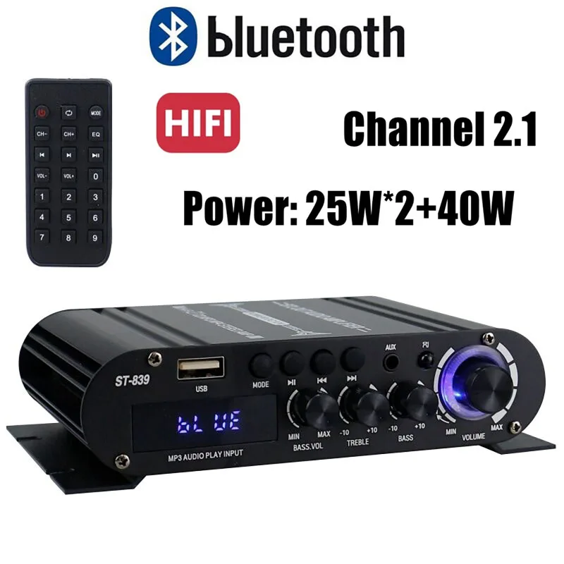 Audio Amplifier ST-839 25W*2+40W 2.1 Channel BT 5.0 Stereo Power Amplifier Portable Sound Amplifier Car Home Theater Amplifiers