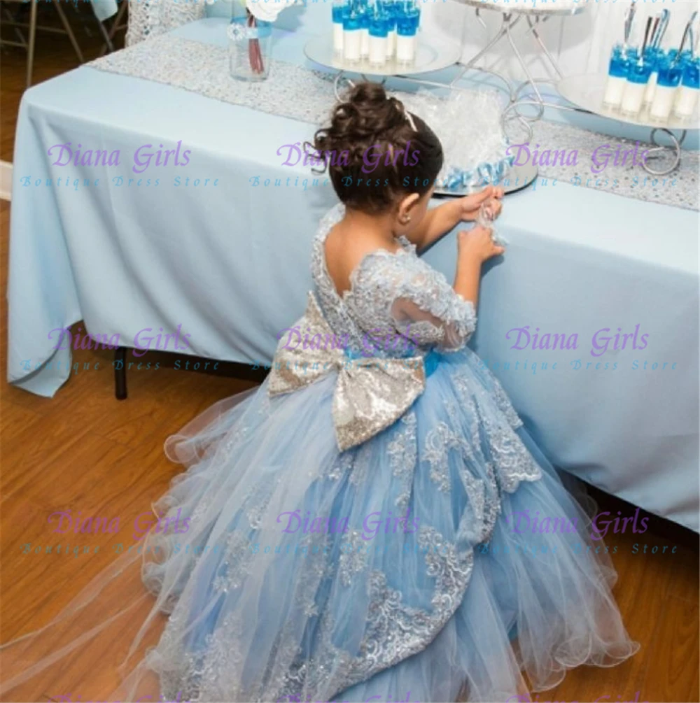 

Lovely Blue Tulle Fluffy with Quality Lace Applique Flower Girl Dress for Kids Girls Wedding Birthday Party Evening Ball Gowns