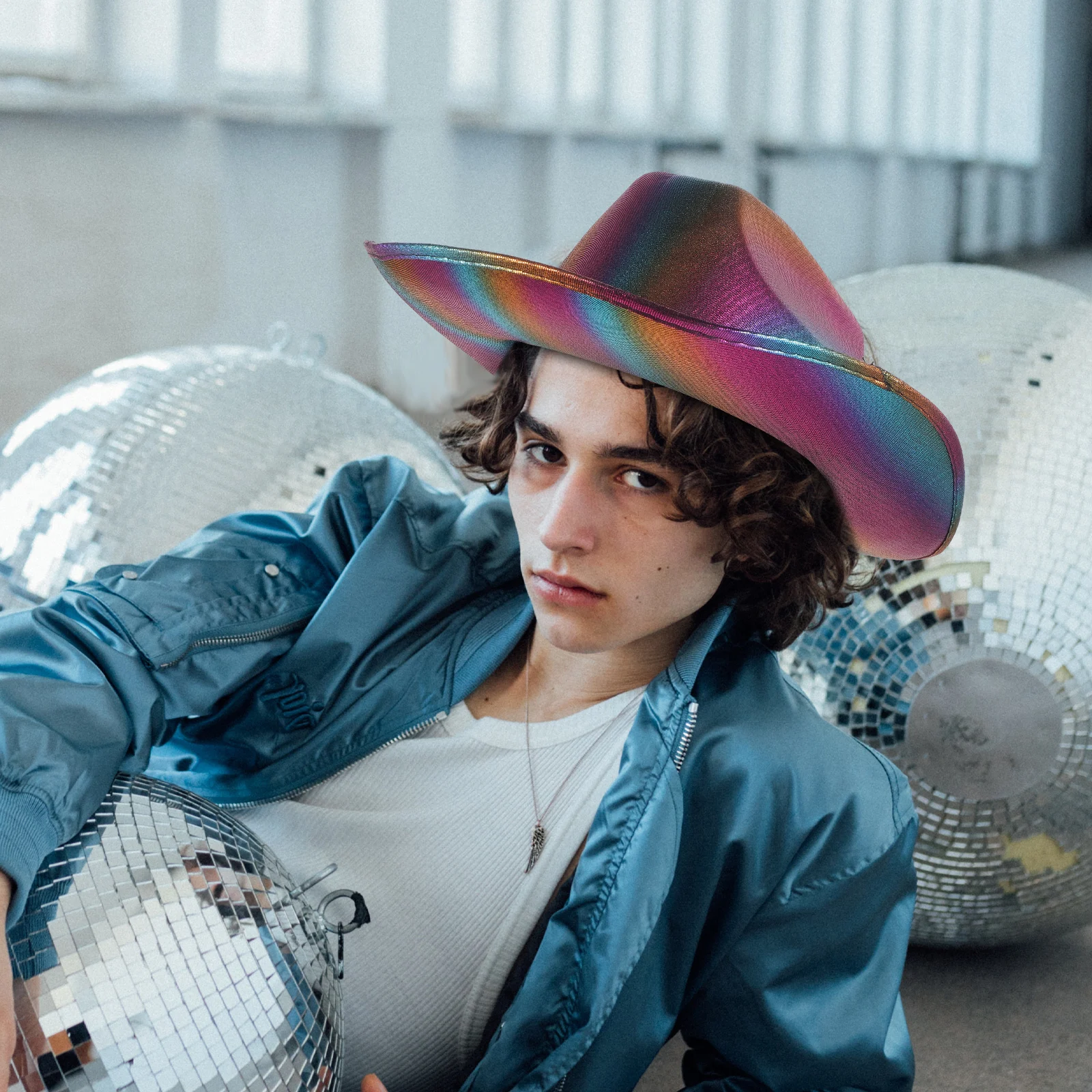 

Rainbow Cowboy Disco Cloth Cowgirl Hat for Halloween Party Adjustable Size Gold Foil Design Breathable Material Adult Umbrella