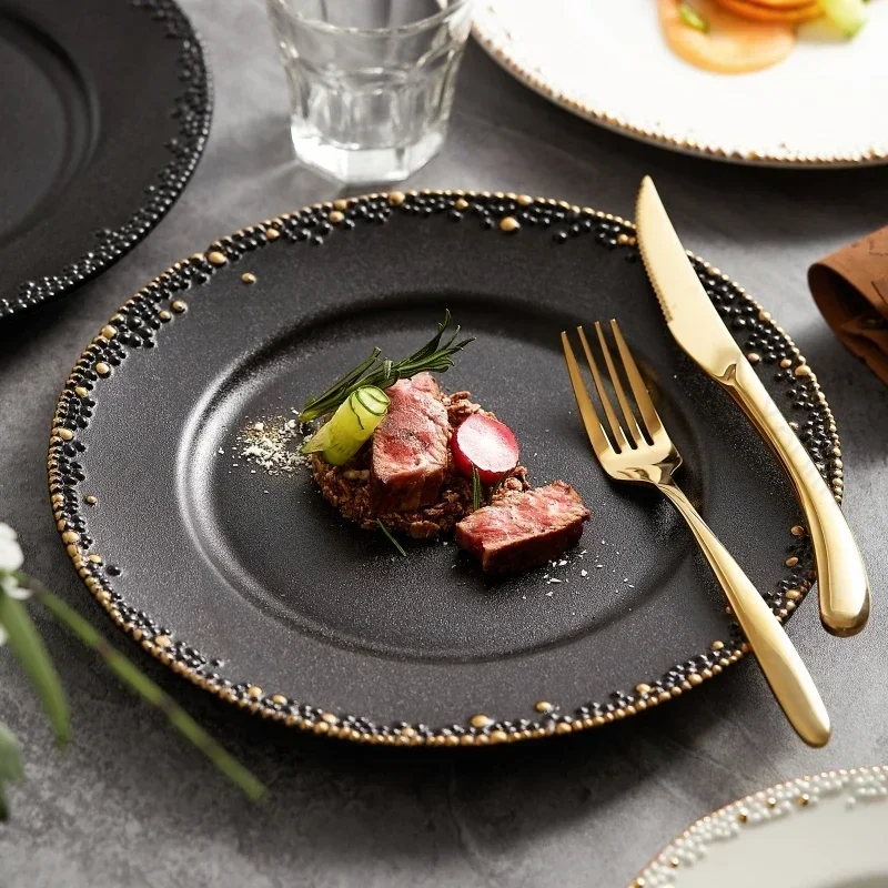 

Golden Edged Ceramic Plate Creative Circular Steak Pasta Plate Delicious Dishes Dining Plates Exquisite Household Tableware