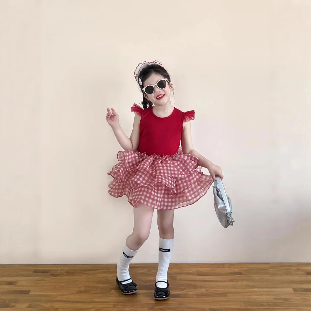 

Girls Summer Sweet Princess Red Small Fly Sleeve Vest Red Plaid Tutu Skirt Cake Short Skirt with Safety Culottes