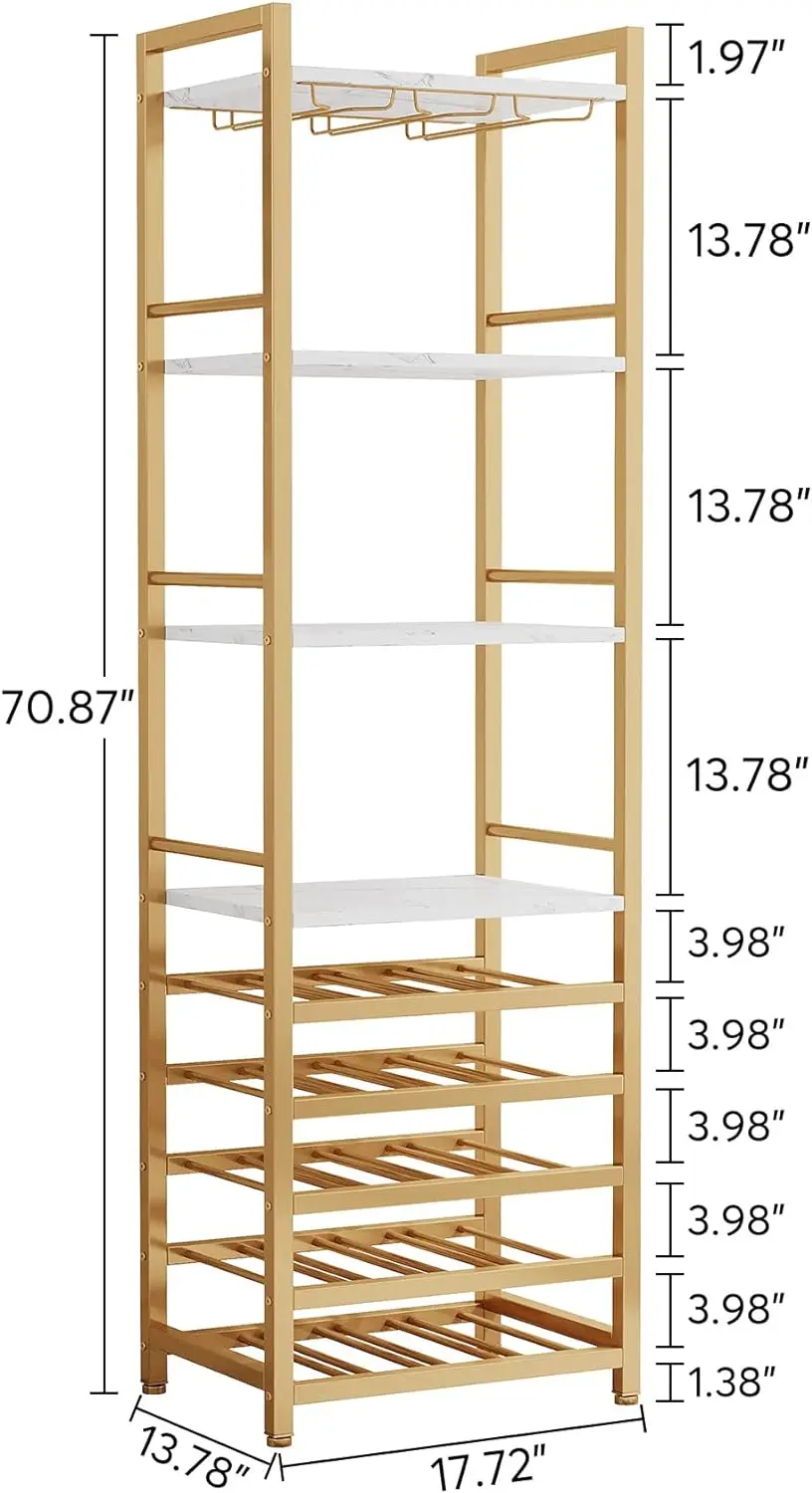 20 Bottle Wine Bakers Rack, 9 Tier Freestanding Gold Wine Rack with Glass Holder and Storage Shelves, 2PCS Faux Marble Cabinet