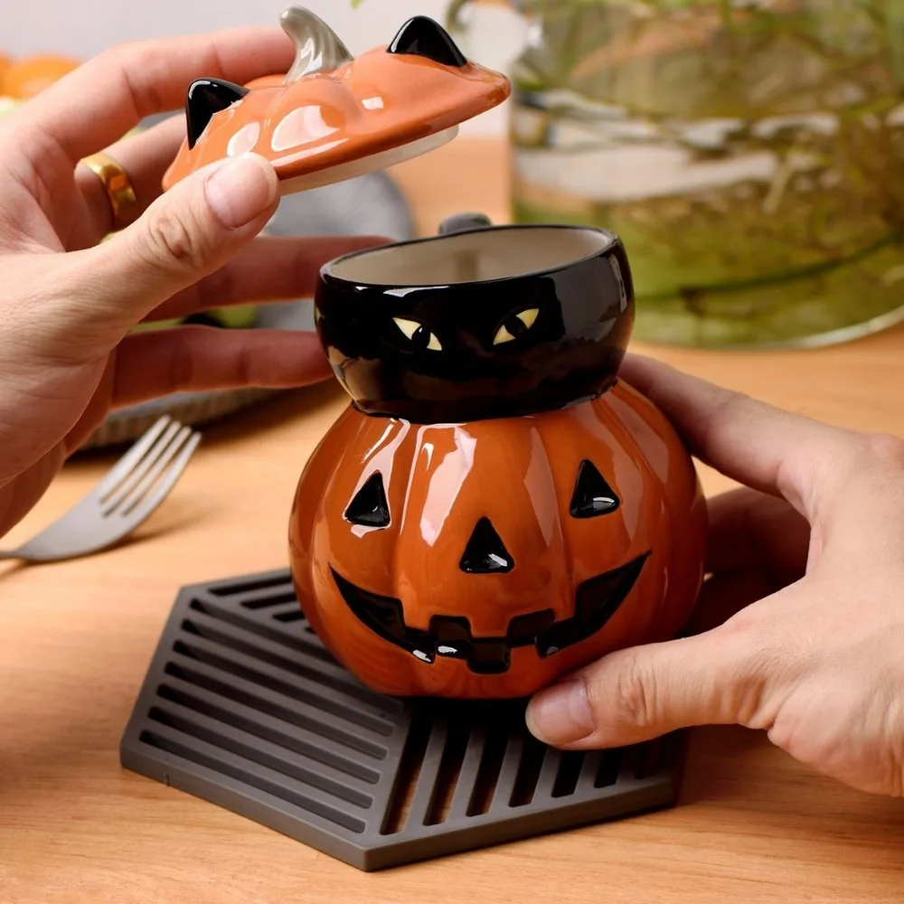 Halloween Embossed Creative Cat Pumpkin Mug with Lid Ghost Cartoon Hat Cute Funny Coffee Ceramic Cup