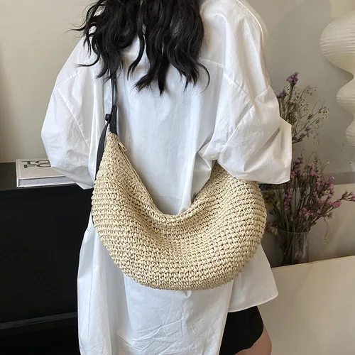Bolso cruzado de estilo perezoso de bosque, bolso tejido de hierba bohemio hecho a mano, ocio, vacaciones, playa, moño de bola de masa tejido para mujer