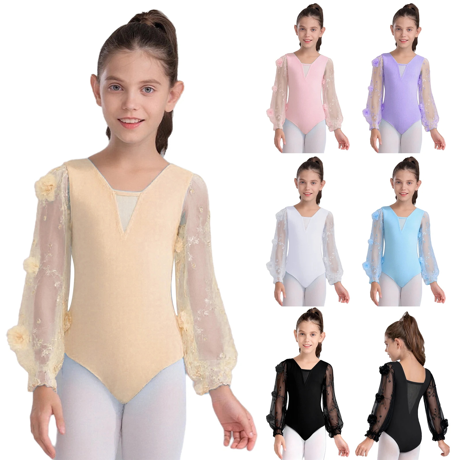 Jersey de Ballet de manga larga, leotardo de baile, mono de gimnasia para niñas, leotardo bordado de flores 3D, trajes de bailarina, Ropa de baile