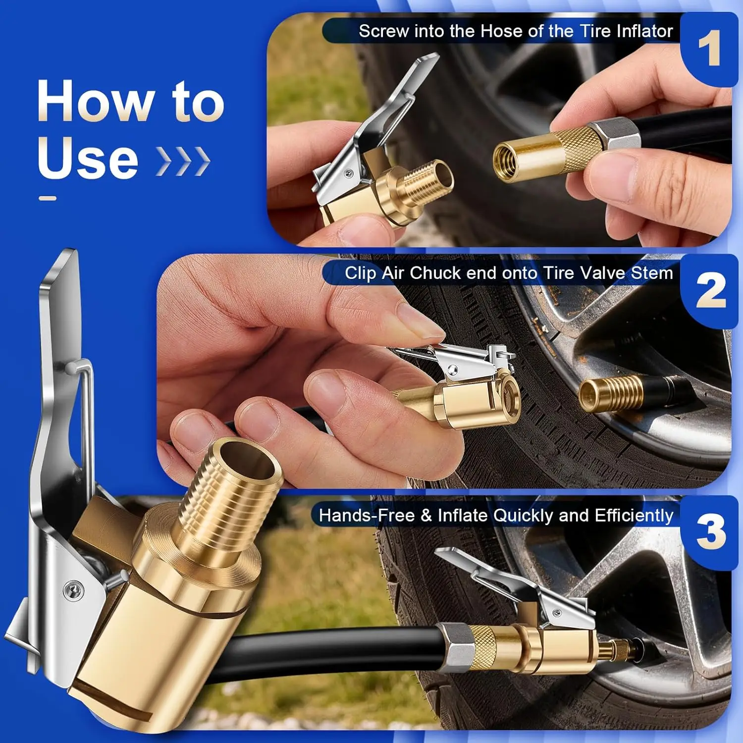 Brass Locking Tire Air Chuck,Tire Inflator Hose Adapter for Twist On Connection Convert to Lock On, No Air Leakage Air Compress
