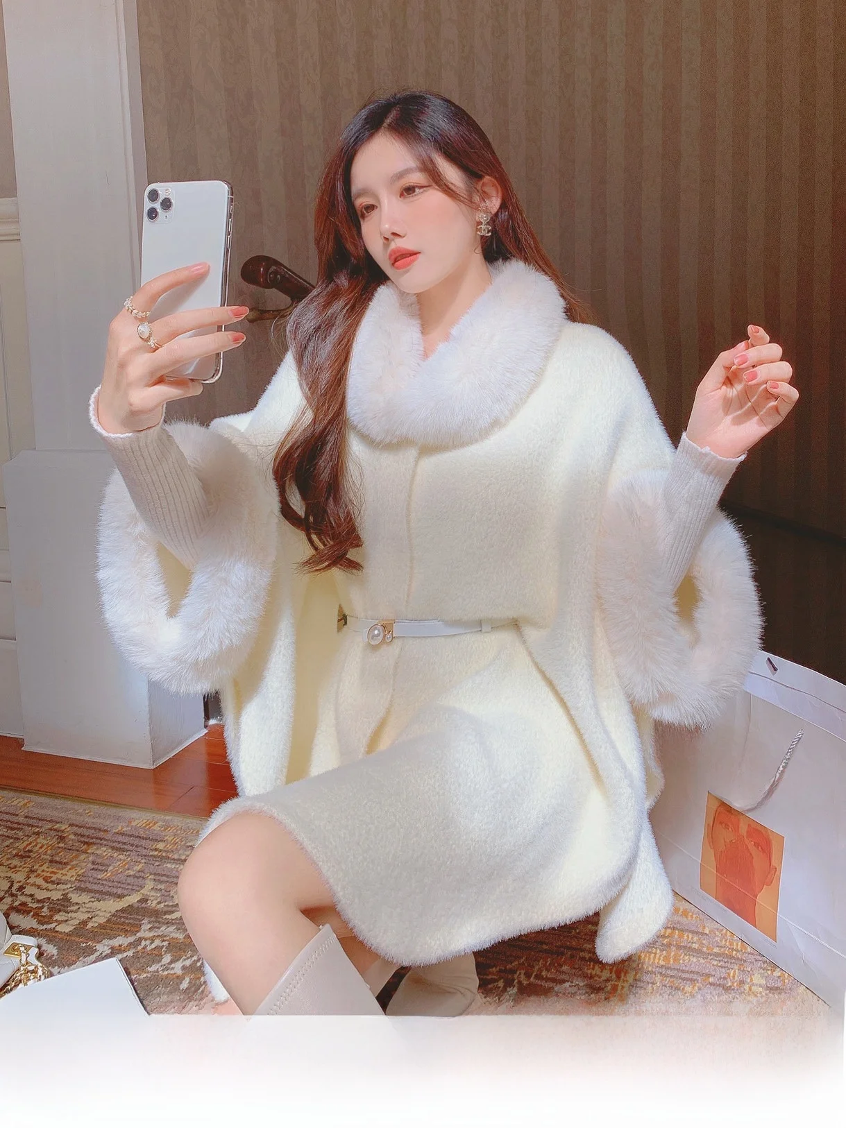 

Зимнее элегантное пальто-накидка из шерсти для женщин, модное вязаное изделие во французском стиле, верхняя одежда