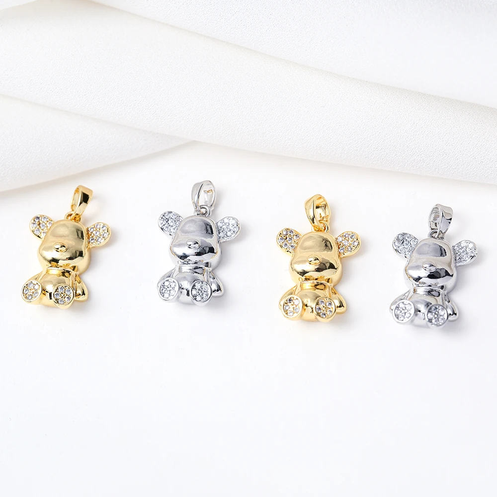 2Pcs Micro Pave CZ Cute Bear Pendant With Bail Brass Gold Plated Animal Bear Charms For Diy Necklace Jewelry Making Accessories