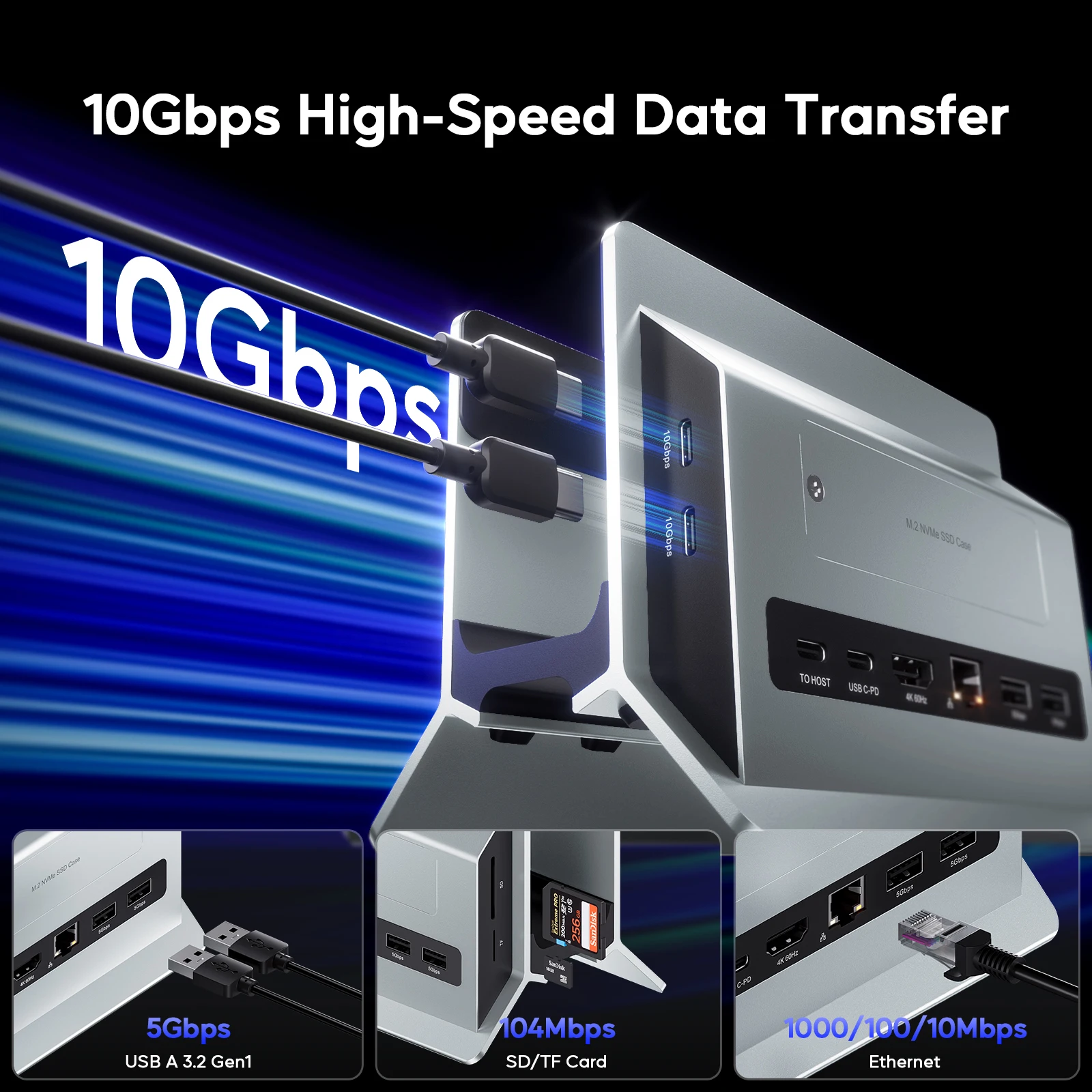 محطة إرساء USB C عمودية PULWTOP مع حافظة M.2 SSD، HDMI، USB A/C، RJ45، SD/TF، PD لجهاز MacBook Pro/Air، Type C للكمبيوتر المحمول-Silve